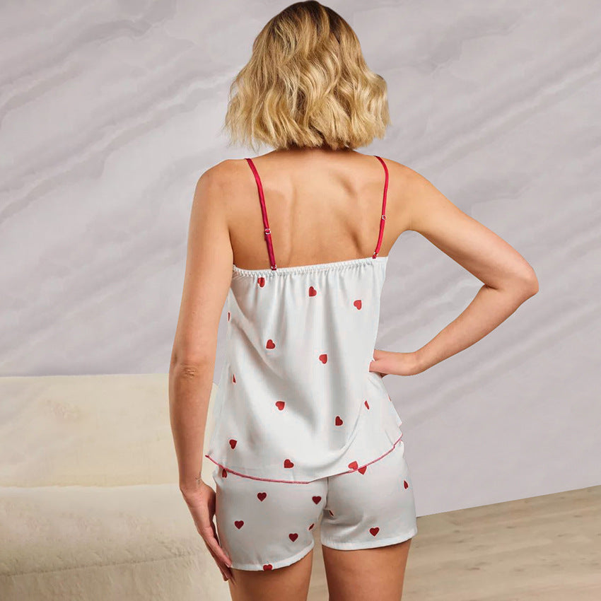 Spring Homewear Heart Printing Suspender Shorts Sexy Two Piece Set Satin Women Pajamas Bella Mia