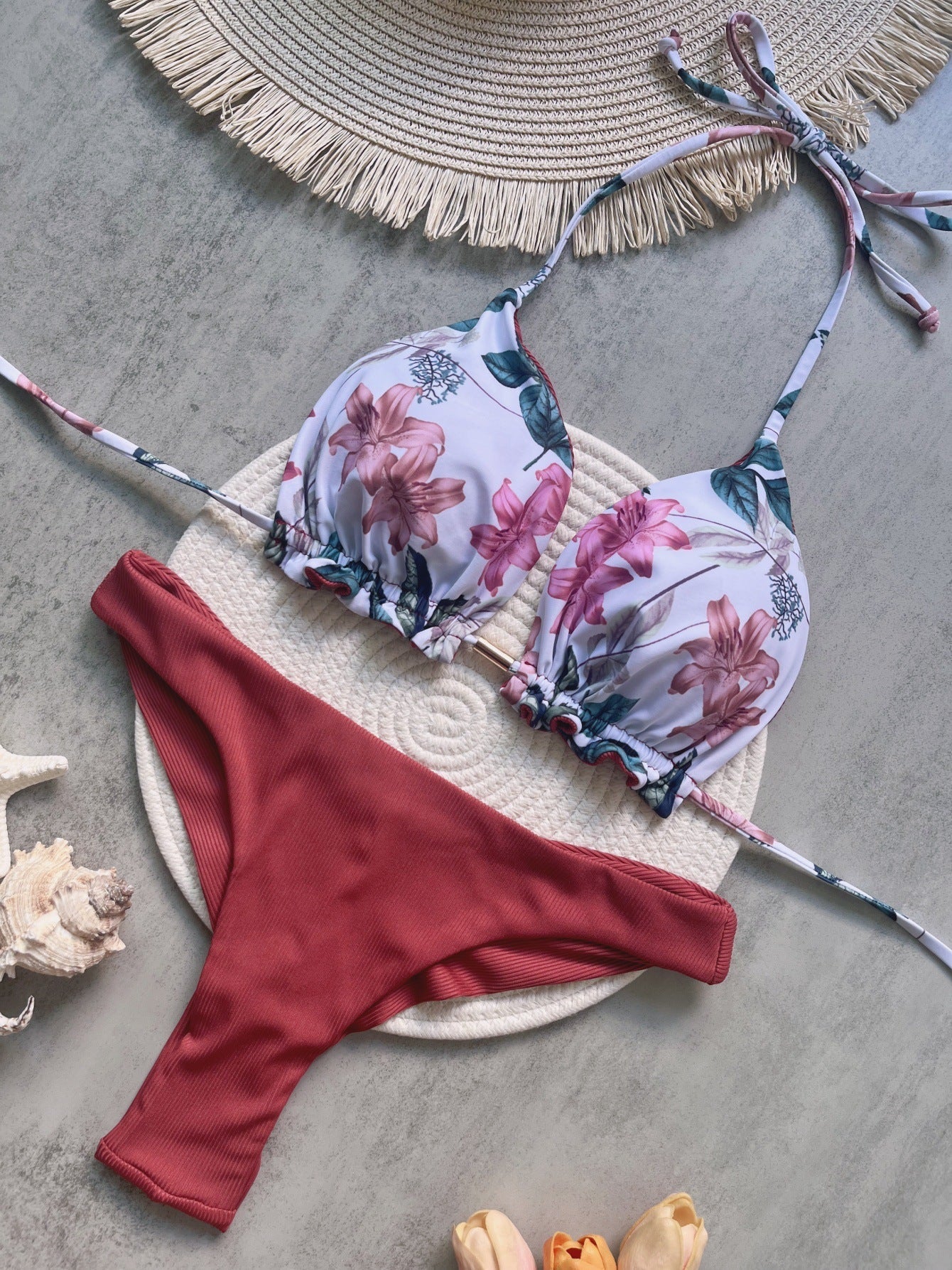 Bikini Rib Fabric Printed Sexy Backless Split Swimsuit Bikini Bella Mia