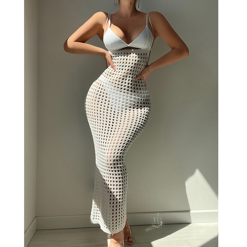 Women Knitted Camisole Hollow Out Cutout Texture Sexy Slim High Waist Maxi Dress Beach Cover up Dress Crochet hook Bella Mia