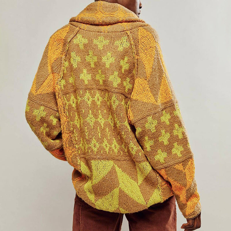 Autumn Winter Knitwear Abstract Printing Collared Loose Long Sleeve Knitted Sweater for Women Bella Mia