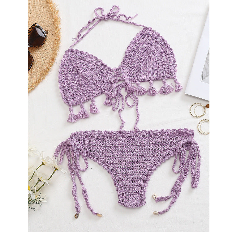 Beach Vacation Knitted Hand Crocheting Sexy Bikini Tassel Shell Strap Split Suit Multi-Color Optional Crochet hook Bella Mia