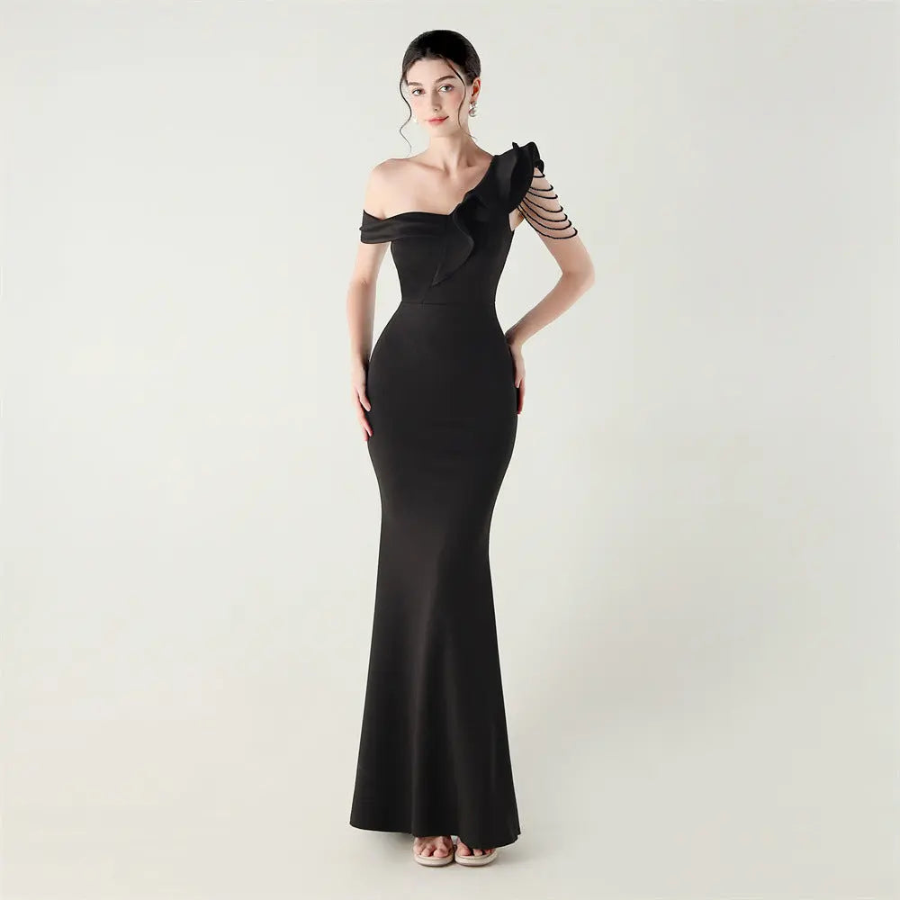 Ruffled One Shoulder Beaded Satin Fishtail Maxi Evening Dress Bella Mia