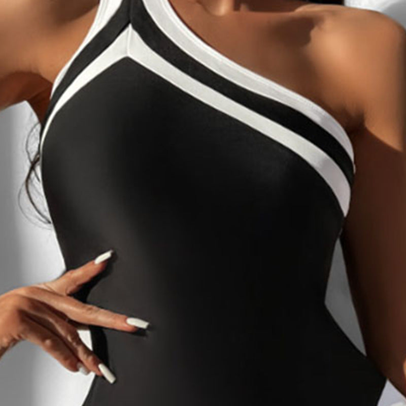 One Shoulder Color Block Jumpsuit Women Cover Belly Conservative Bikini Beach Spring Swimsuit Bella Mia