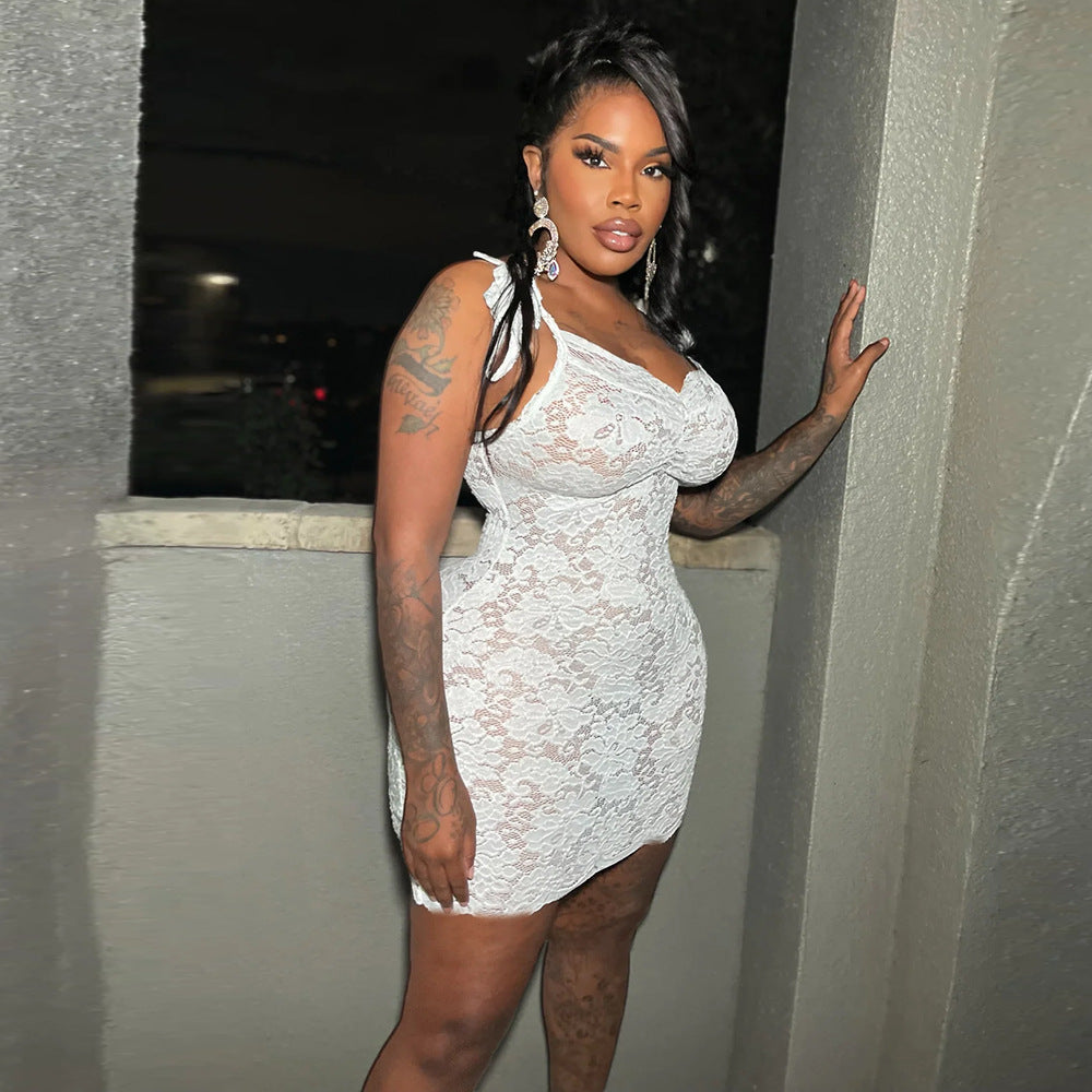 Sexy Women Clothing See through Slim Fit Lace up Sling Floral Lace Sheath Dress Bella Mia