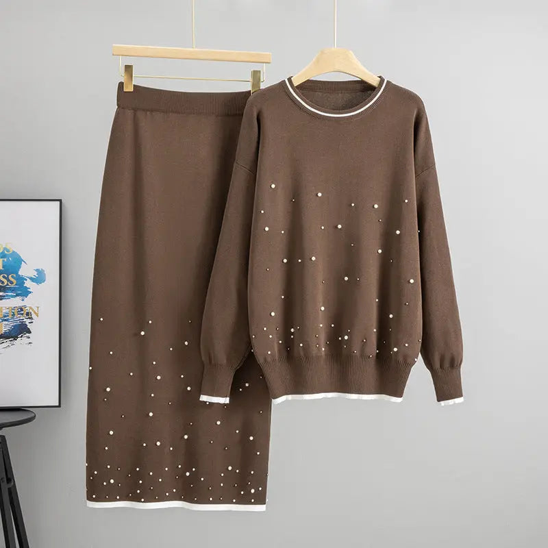 High Waist Beaded Stripe Jersey Two Piece Set Long Sleeve Top Midi Skirt Bella Mia