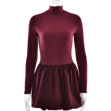 Elegant Slim Fit Women Dress Sexy Turtleneck Long Sleeved Tight Waist Pleated A line Dress