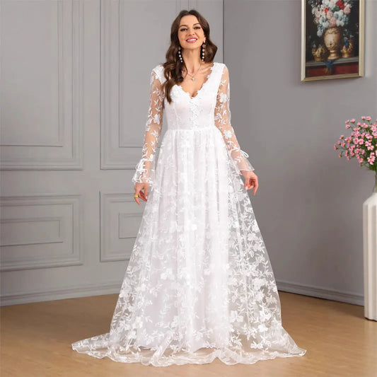 Women V neck Long Sleeve Sexy Backless White Large Swing Wedding Bridal Gown Dress Bella Mia