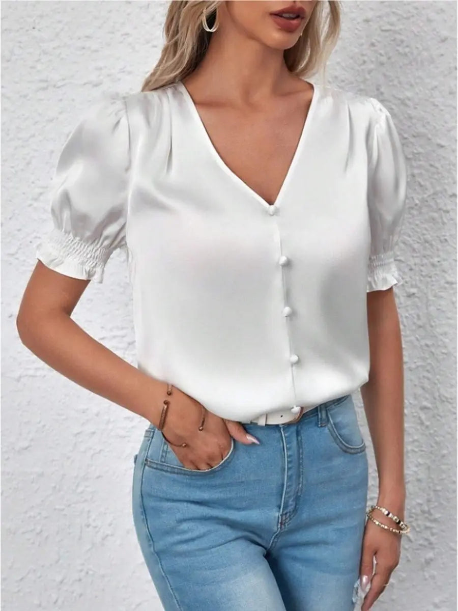 Satin V neck Buttons Shirt Spring Autumn French Casual Short Sleeve Ruffle Blouse Bella Mia