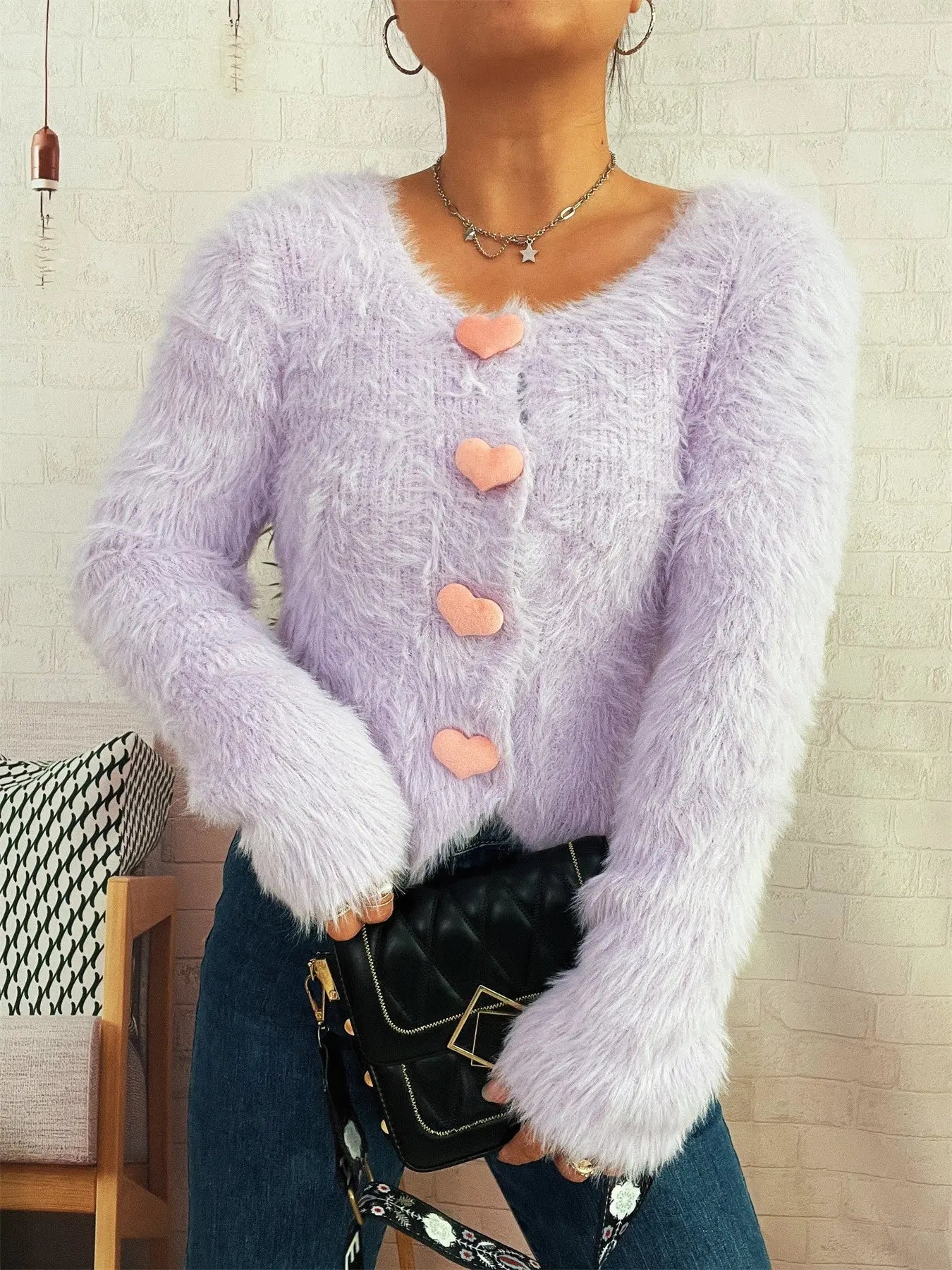 Autumn Winter Office Cute Love Button Solid Color Mink like Knitted Cardigan Sweater Bella Mia