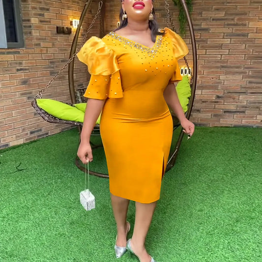 Plus Size V neck Bead Dress Boutique Women Clothes Flared Sleeves One-Step Dress Bella Mia