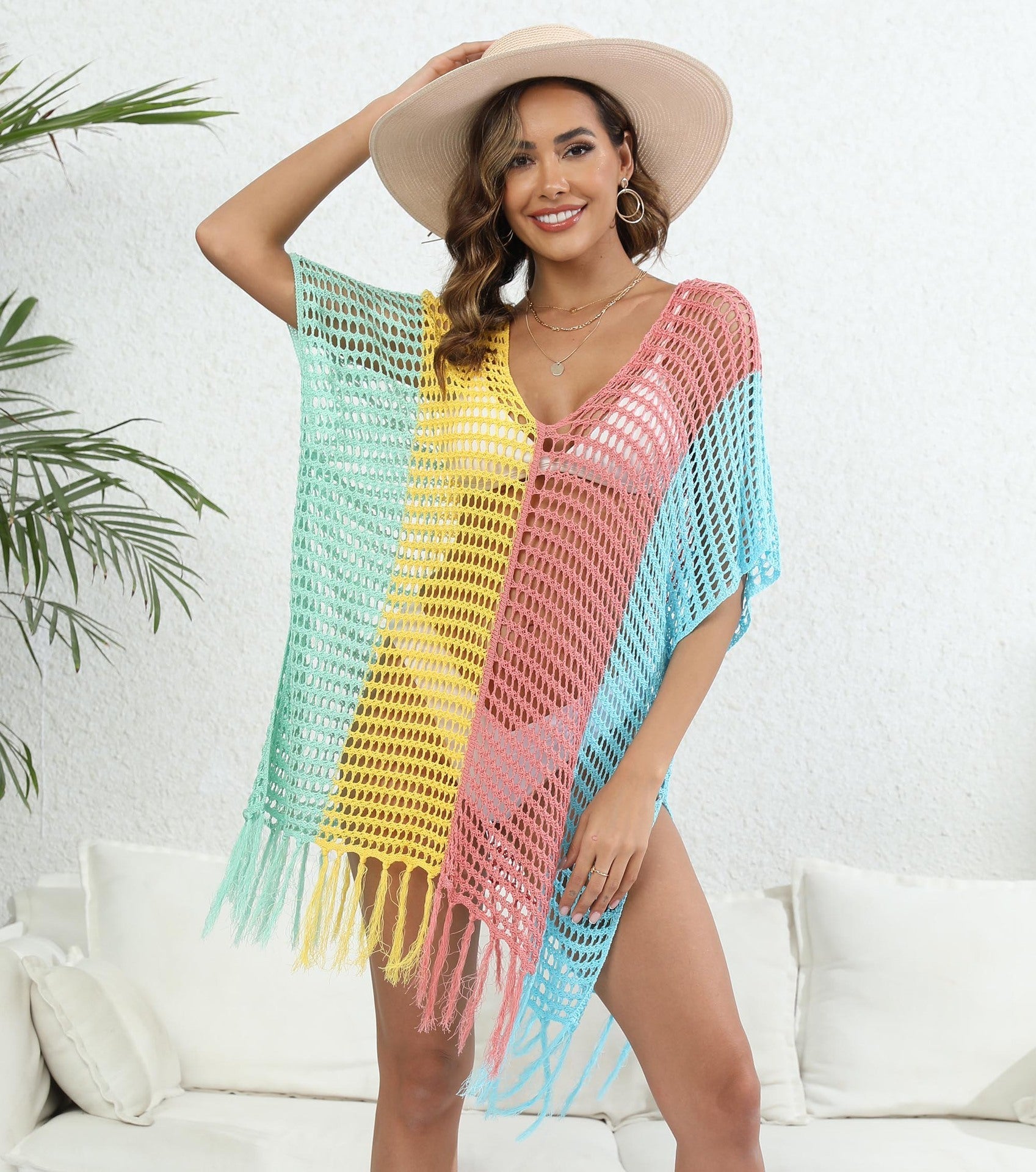 Women Beach Vacation Beach Cover Up Women Clothing Contrast Color Hollow Out Cutout Woven Shirt Sexy Dress Bella Mia