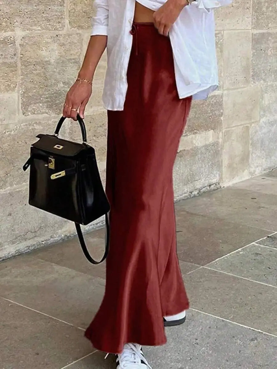 Popular Satin Satin Skirt Spring Autumn Elegant Lace up Long Skirt Bella Mia