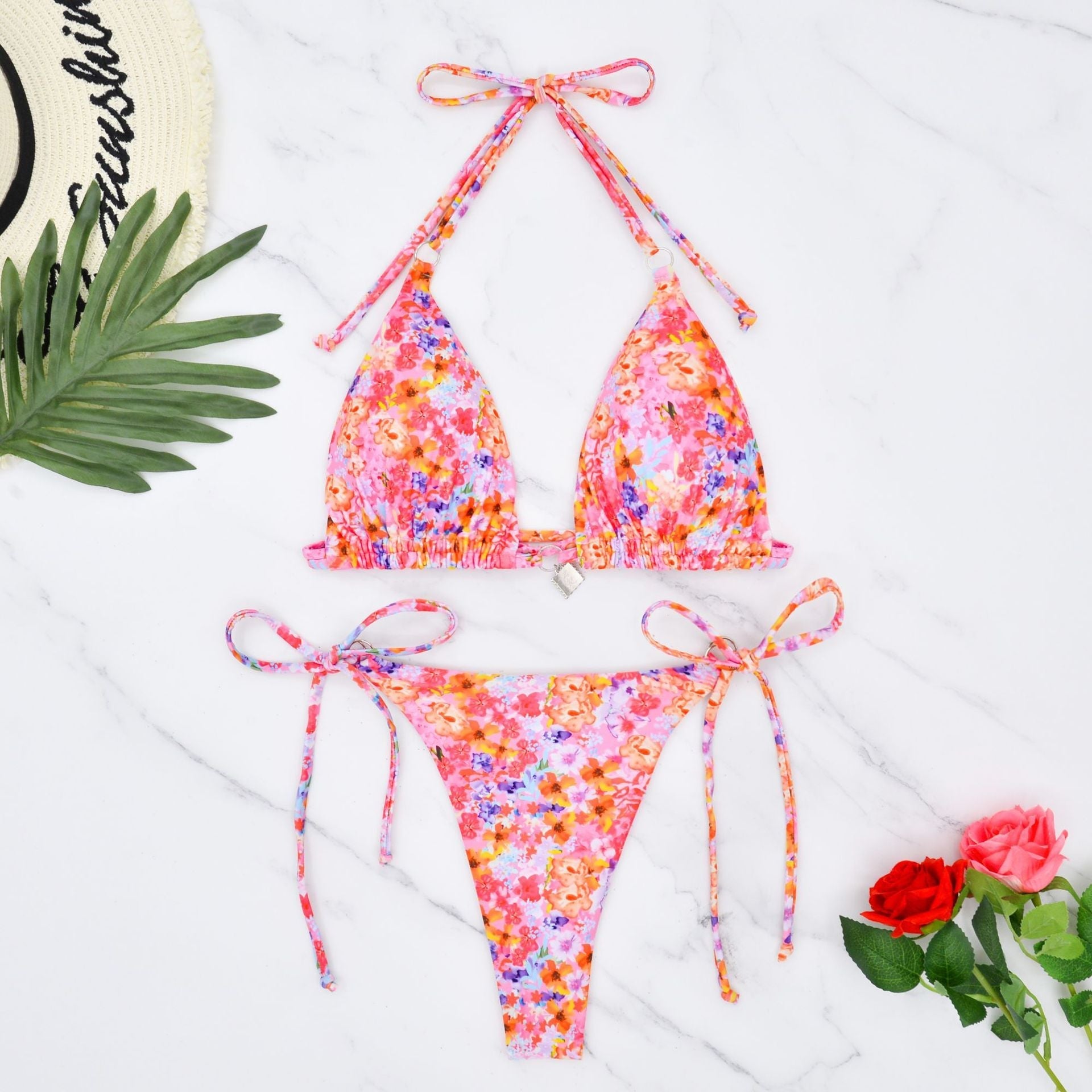 Women Clothing Small Floral Swimsuit Lace up Halterneck Sexy Beauty Back Bikini Bella Mia