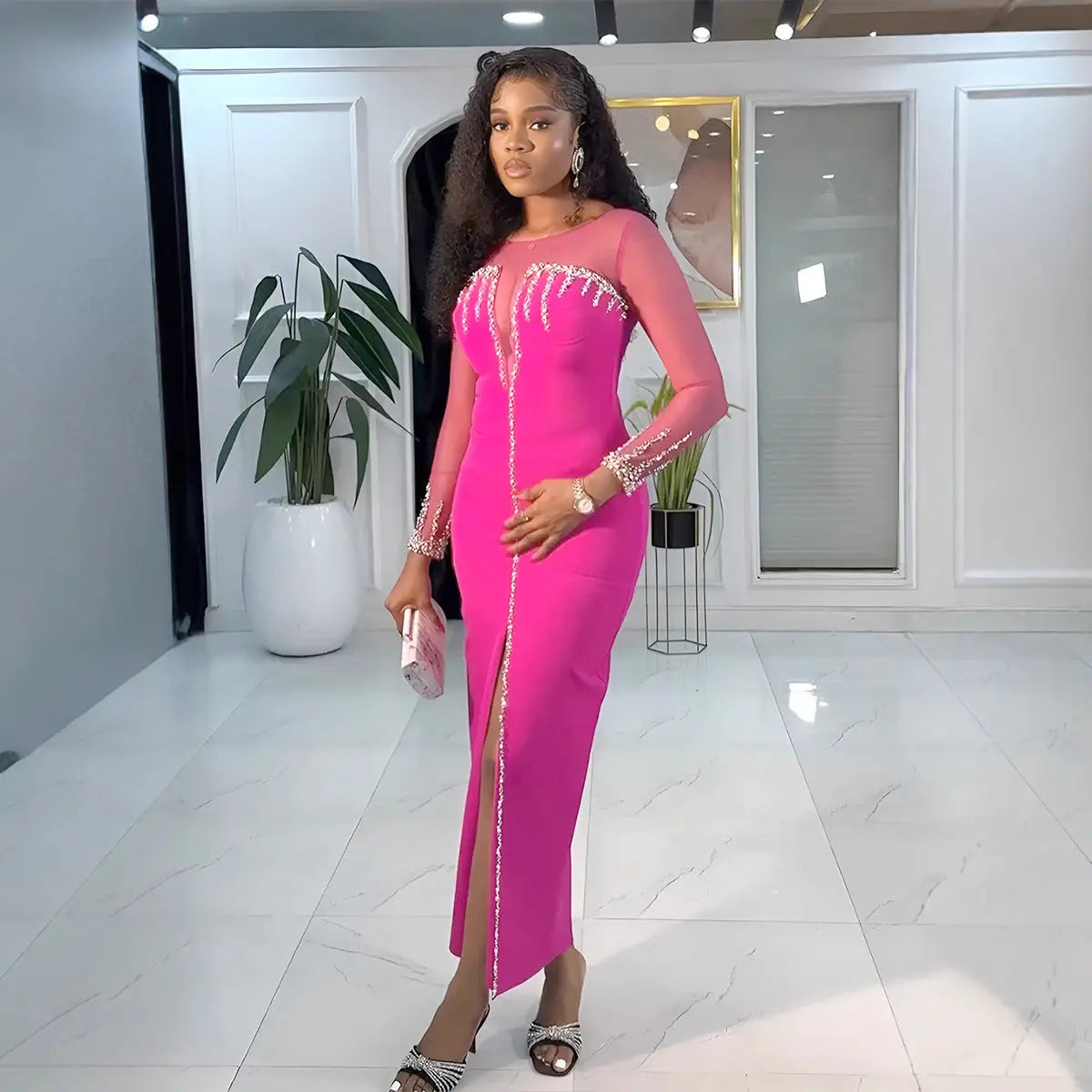 Sexy Drilling See through Patchwork Slit Dress Bella Mia