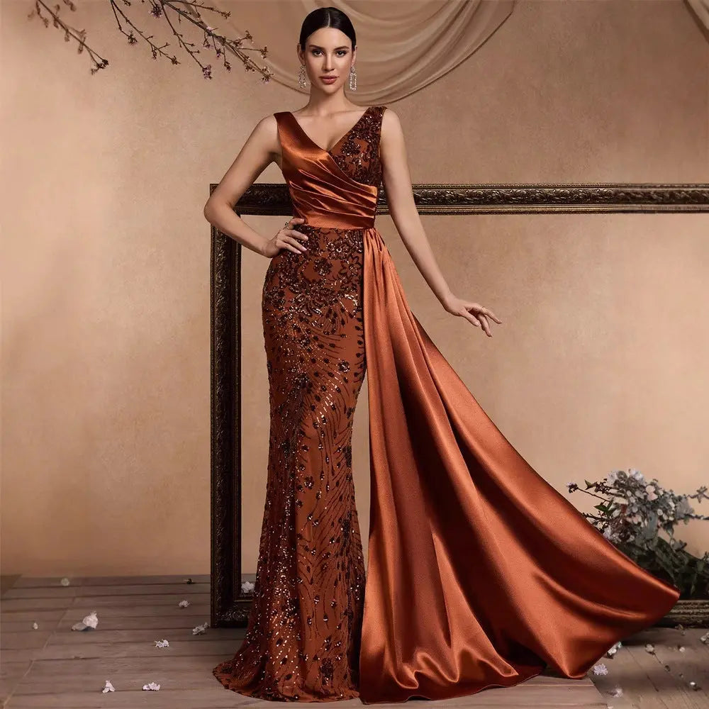 Elegant Satin Sequin V Neck Maxi Dress Sleeveless A Line Cocktail Party Formal Bella Mia