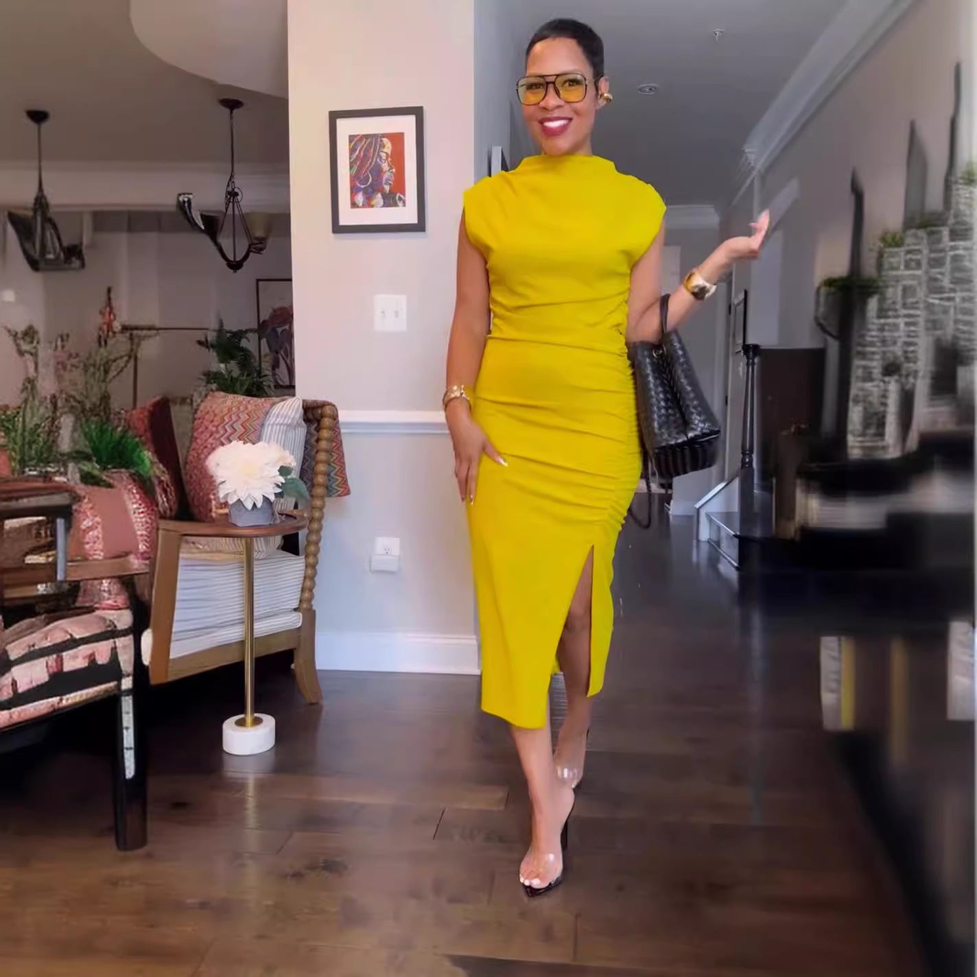 Women Clothing Solid Color Slim Fit Sheath Slit Mid Length Dress Bella Mia