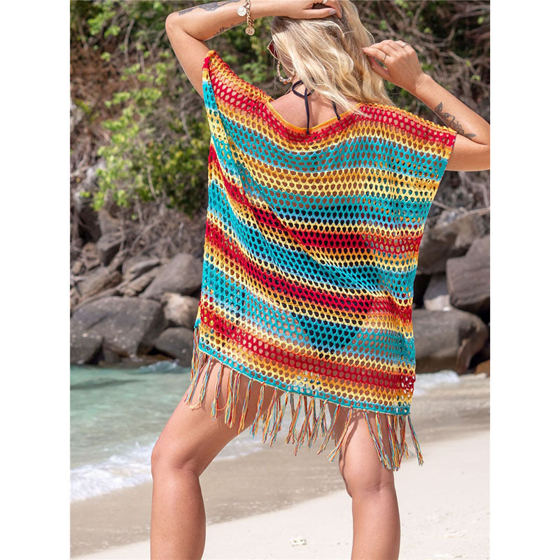 Knitted Color Stripes Tassel Beach Cover-up Sexy Hollow Out Cutout Seaside Sun Protection Clothing Beach Cover Up Crochet Bella Mia
