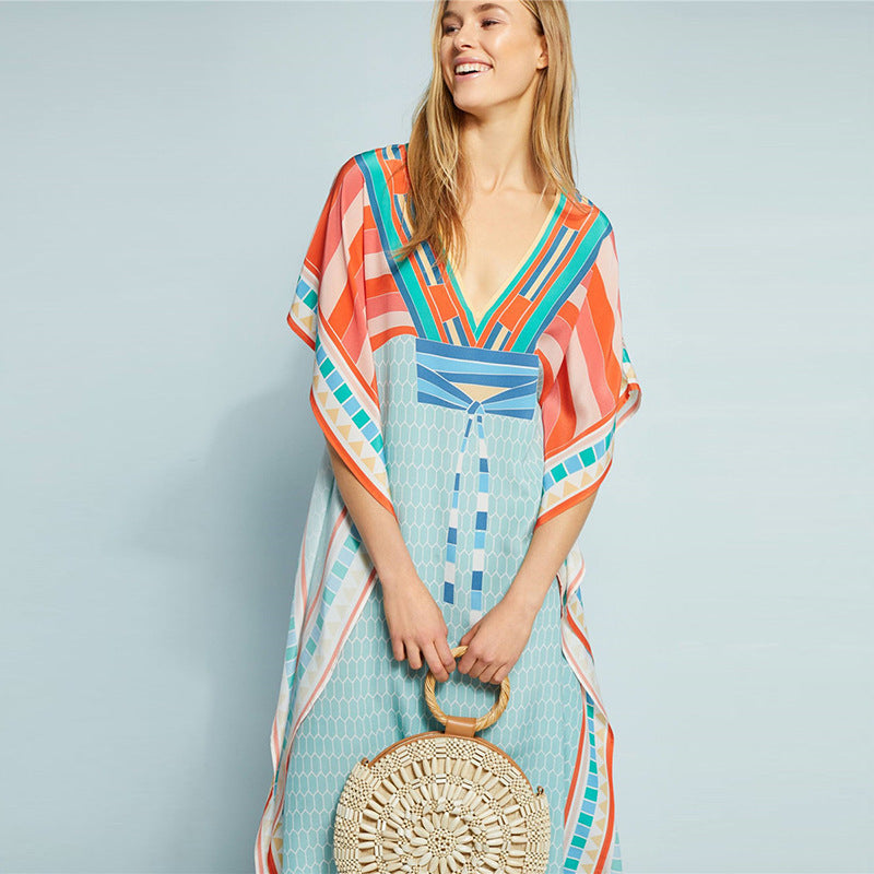 Chiffon Front Back V-neck Positioning Printed Beach Dress Loose Plus Size Vacation Blouse Robe for Women Bella Mia