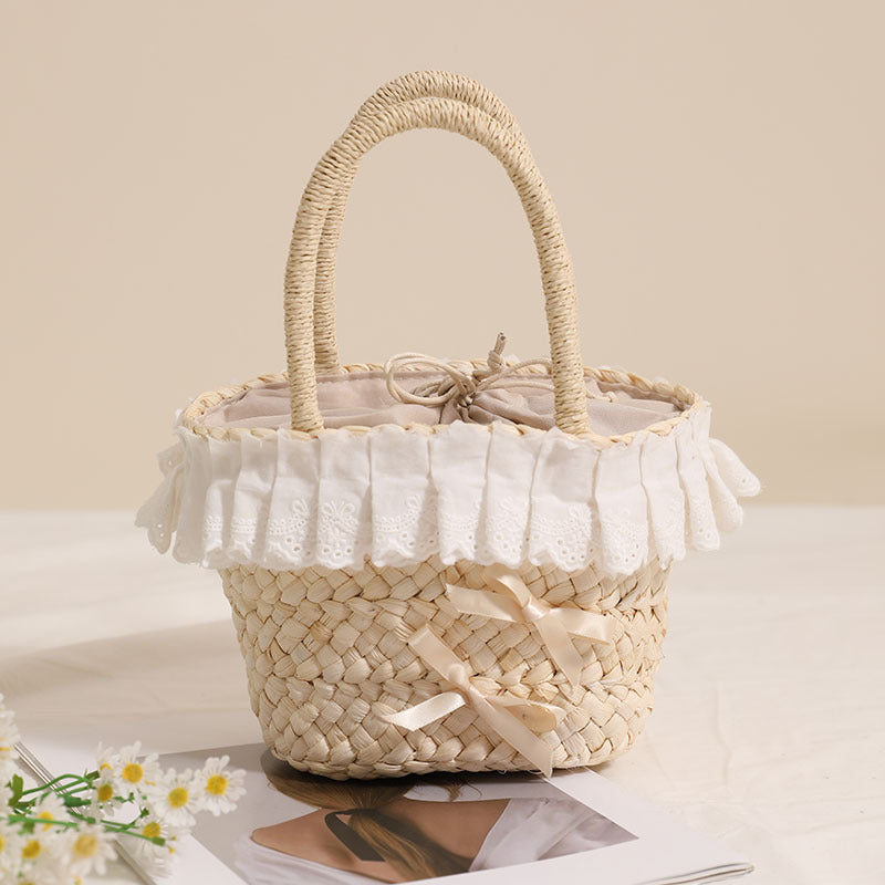 Cute Lace Portable Corn Husk Straw Bag Bow Woven Bag Vacation Beach Bag Hand Carrying Small Basket Bella Mia