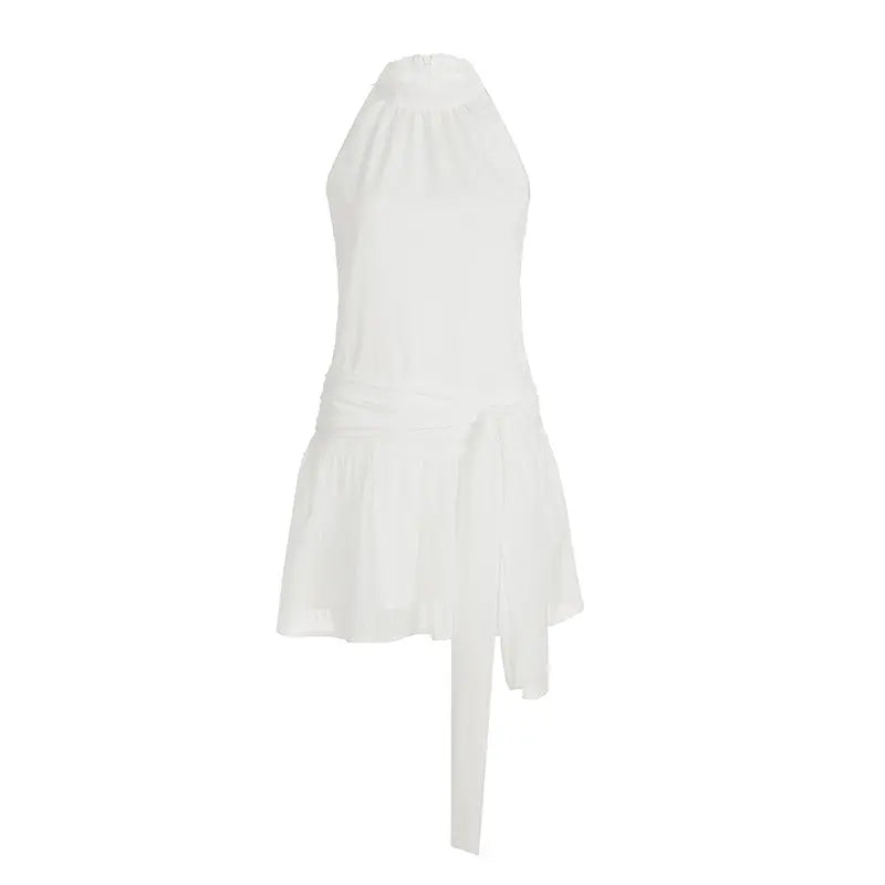 Gentle Girlish Halter round Neck Sleeveless Dress Waist Controlled Lace up Short Double Layer Flounced Bella Mia