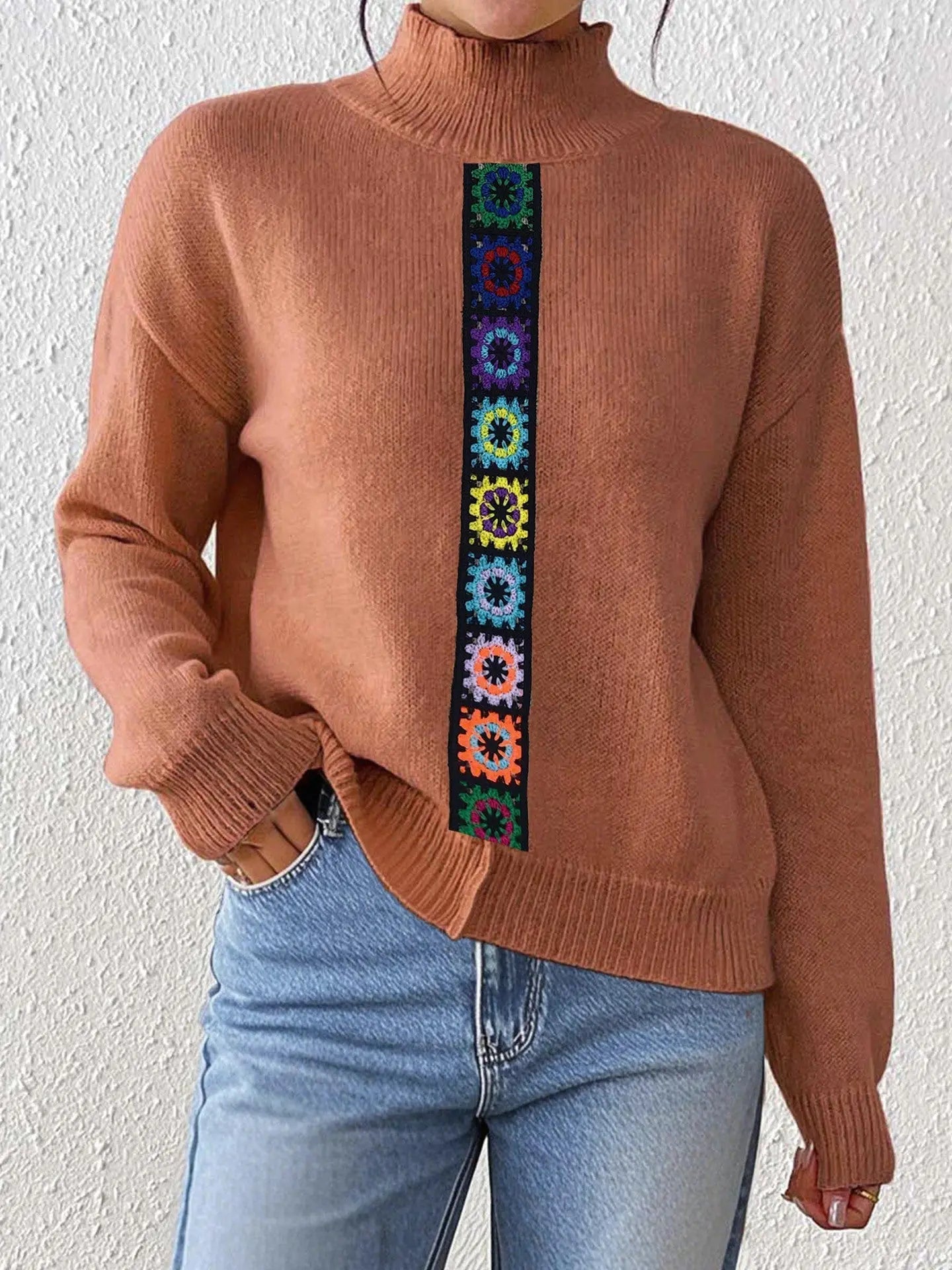 Women Clothing Personality Color Random Imitation Hand Crocheted Stitching Woven Top Pullover Sweater Bella Mia