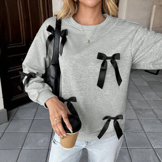 Gray Round Collar Bow Decoration Loose Fit Short Sweater For Women Autumn Casual Bella Mia
