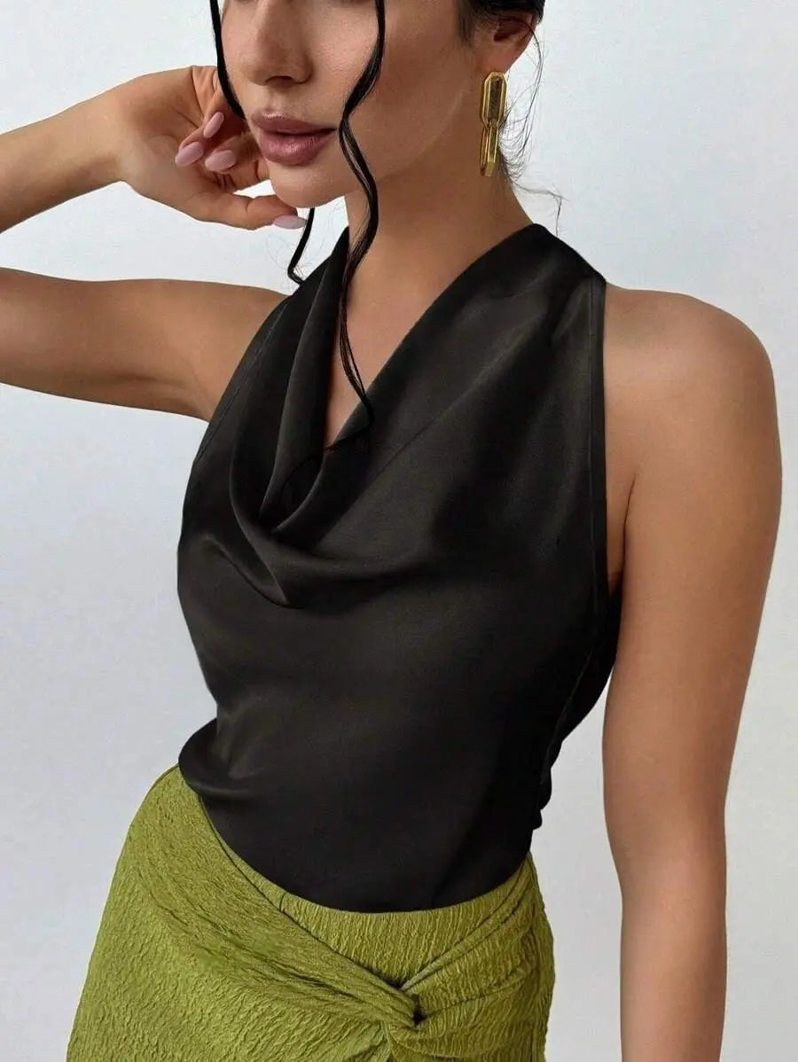 Elegant Satin Halter Tank Top Sleeveless With Cowl Neck And Tie Detail Bella Mia