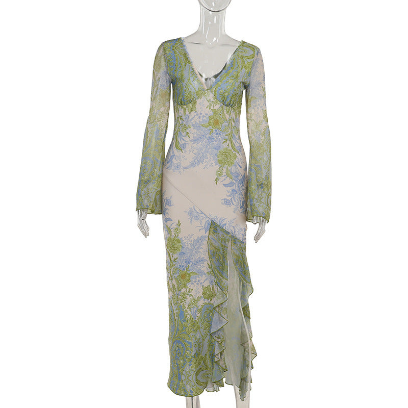 Autumn Maxi Dress Elegant Slim Print Irregular Asymmetric Hem Dress Women Bella Mia