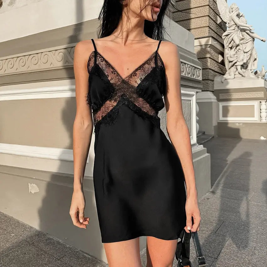 Fall Thin Soft Matte Satin See through V neck Strap Lace Slim Black Dress Women Bella Mia