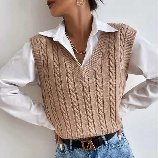 Women Twist Knit Vest Solid Color V Neck Sleeveless Sweater Vest for Summer Bella Mia