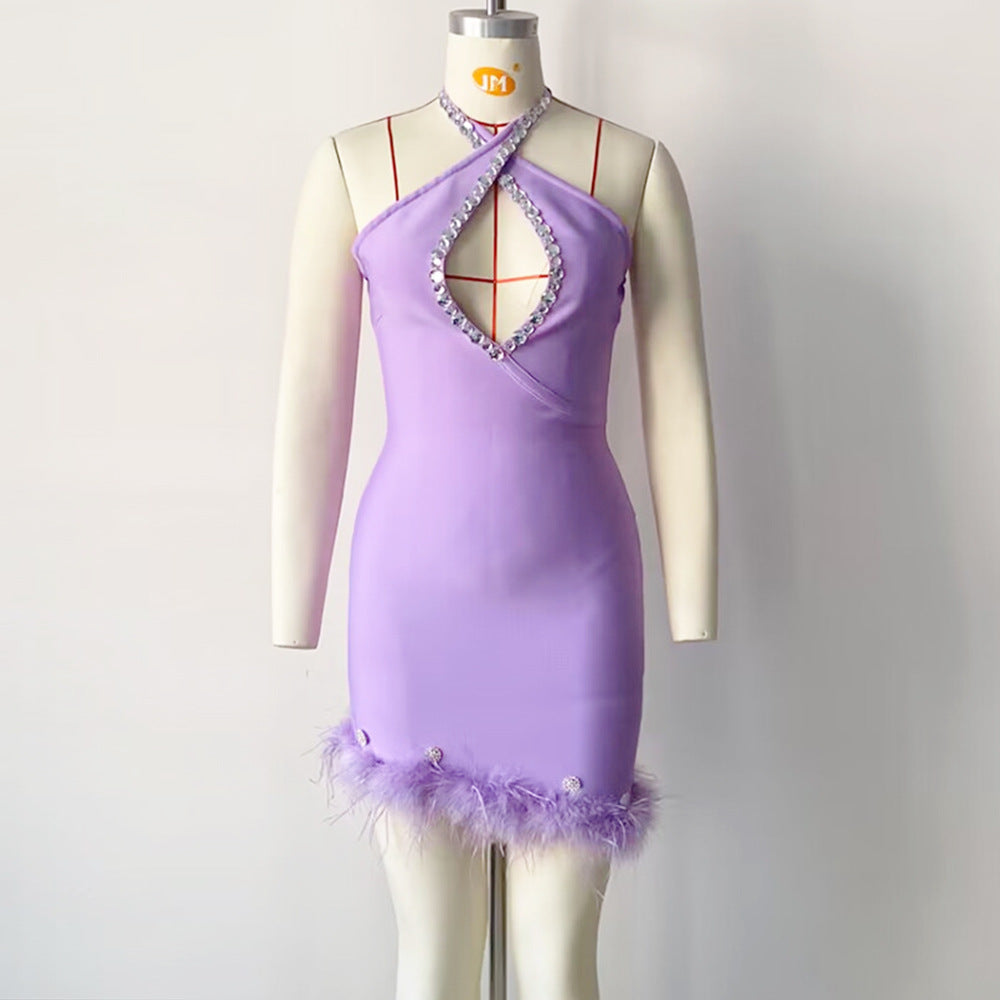 Sexy Halter Diamond Feather Stretch Bandage One Piece Dress Party Dress Bella Mia