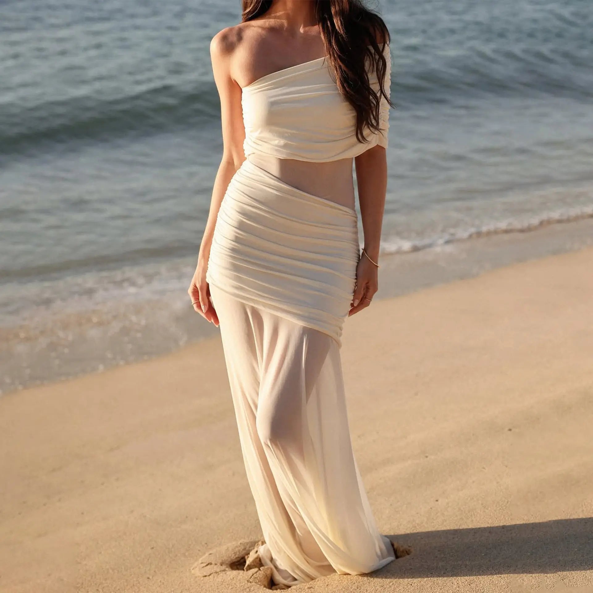 Spring Diagonal Collar Cold Shoulder Elegant Sexy Mesh Stitching Slim Dress Bella Mia