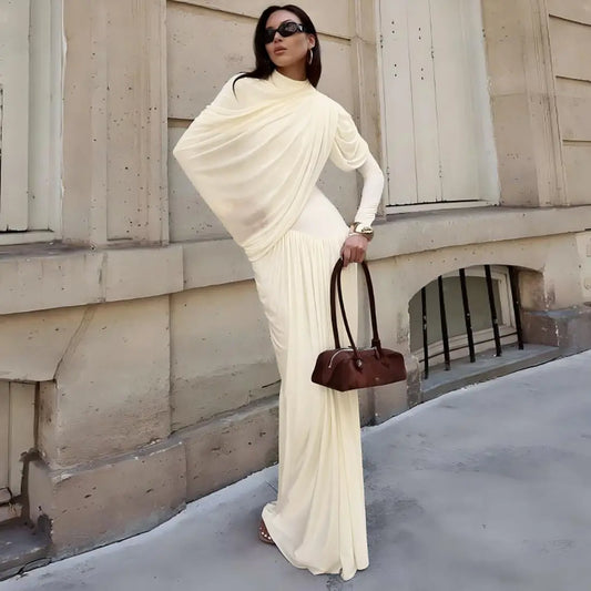 Autumn Winter Women Clothing Elegant Slim Solid Color round Neck Waist Trimming Pleated Long Sleeve Dress for Women Bella Mia