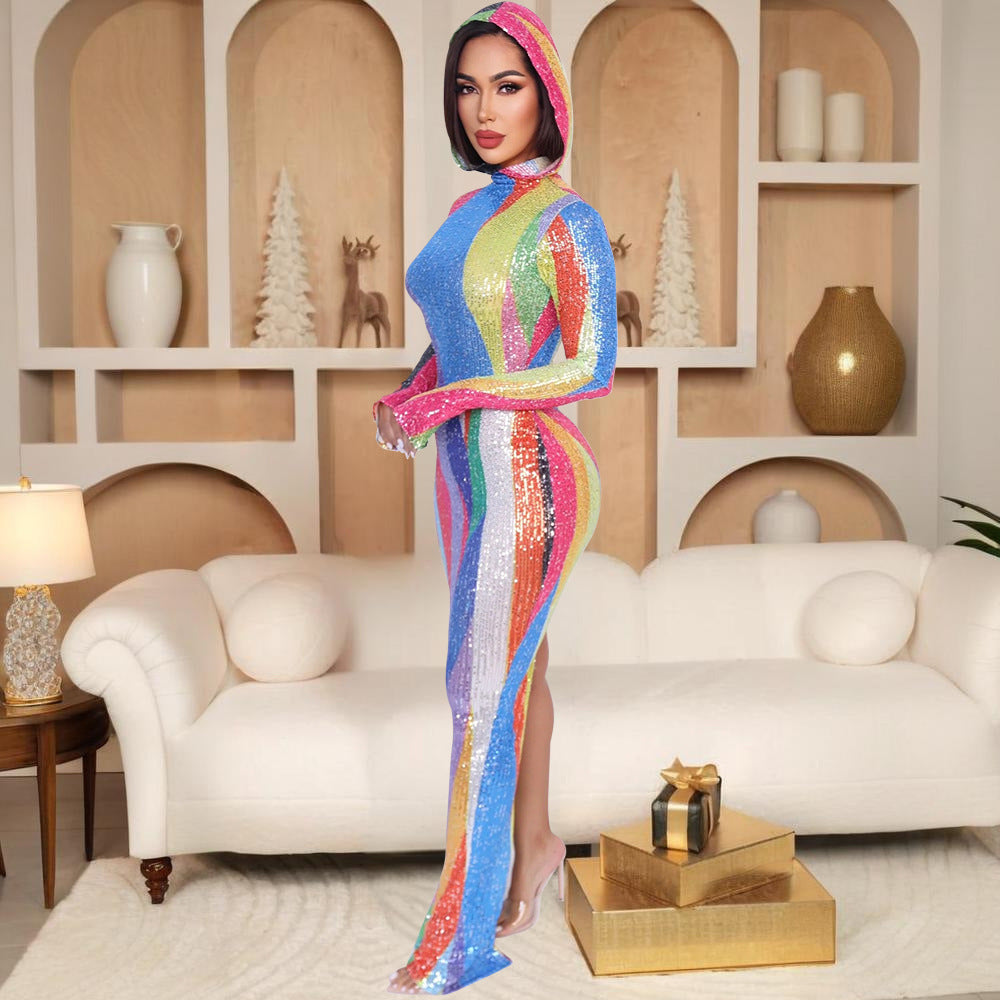 Performance Clothes Nightclub Bar Sexy Dress Hooded High Slit Maxi Dress Women Clothing Bella Mia