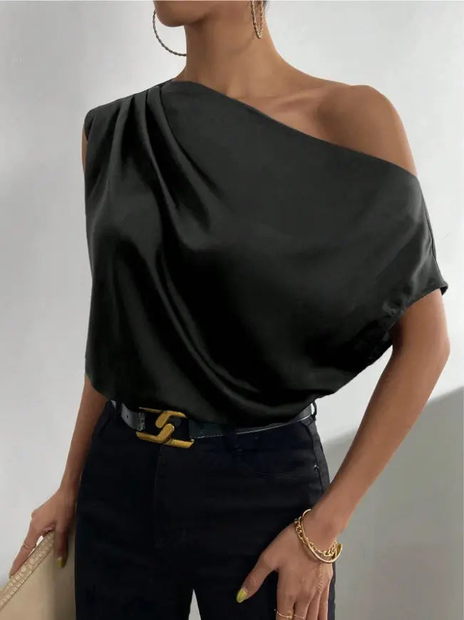 Spring Solid Color Satin Artificial Silk Irregular Asymmetric Shoulder off Shoulder Pullover Sleeveless Shirt Women Clothing Bella Mia