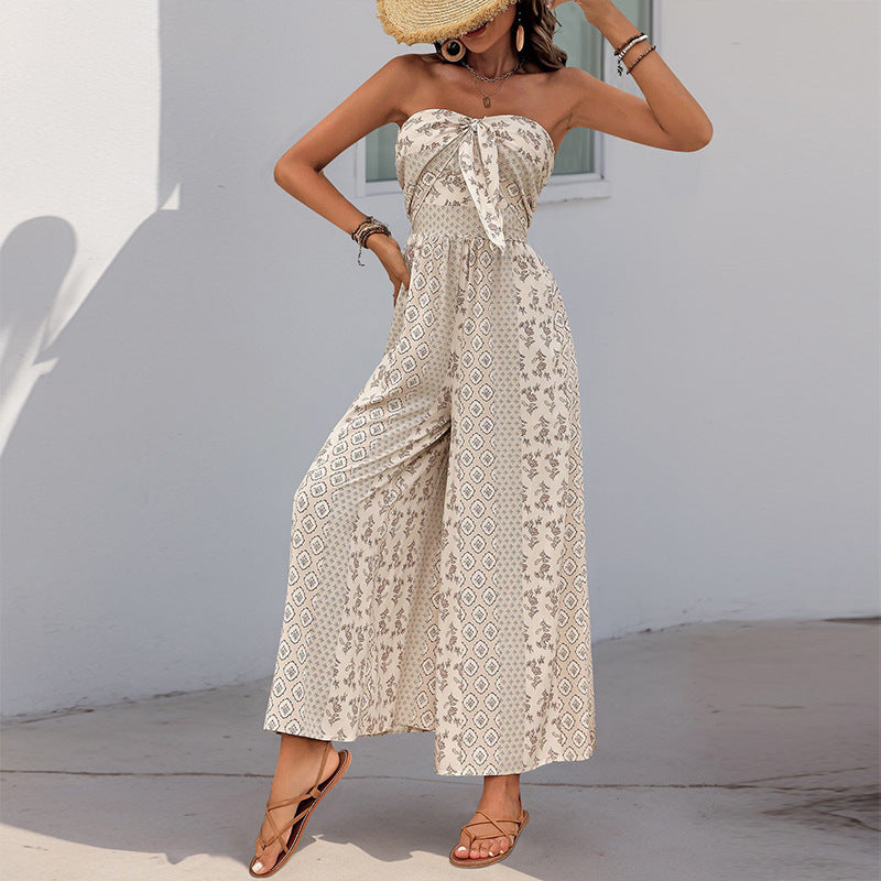 Summer Binding Jumpsuit Ethnic Print Casual Sleeveless Tube Top One Piece Wide Leg Pants Bella Mia