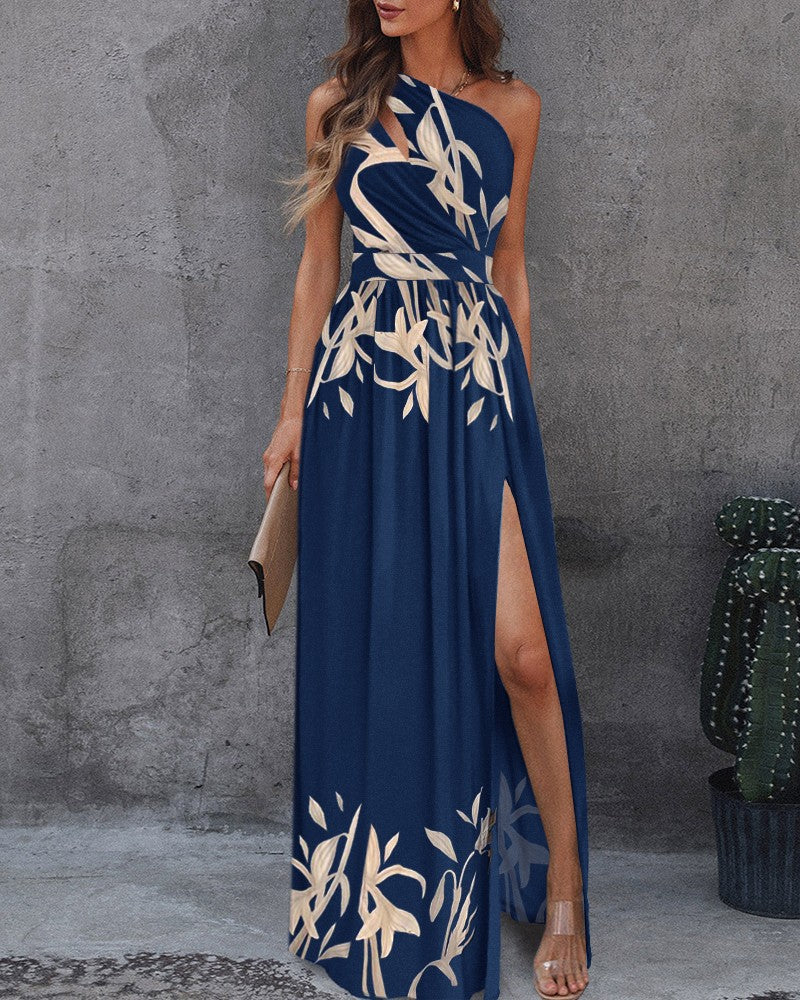 New Sexy Solid Color off Shoulder Hollow Out Cutout out Halter High Waist Slit Maxi Dress for Women Bella Mia