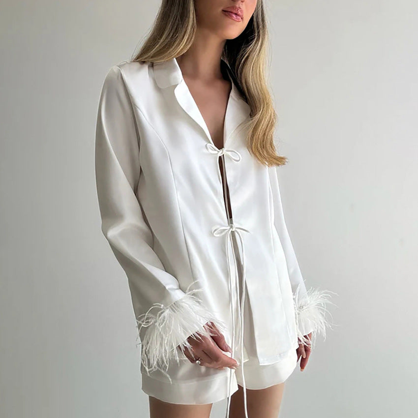 Autumn White Cardigan Lace up Long Sleeve Shorts Pajamas Women Minimalist Can Be Outerwear Homewear Bella Mia