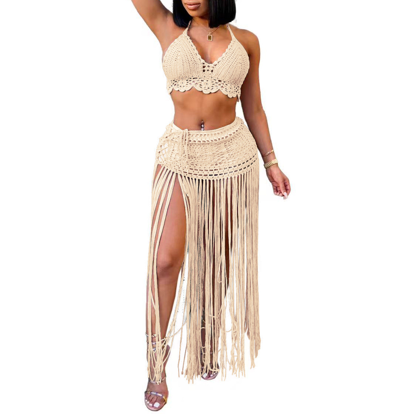 Women Suit Women Clothing Pure Hand Crocheting Beach Bikini Top Lengthened Tassel Skirt Two Piece Set Bella Mia
