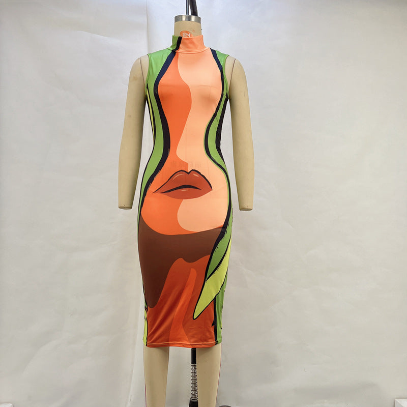 Women Clothing Casual Turtleneck Sleeveless Body Lip Printings Slim Dress Women Bella Mia