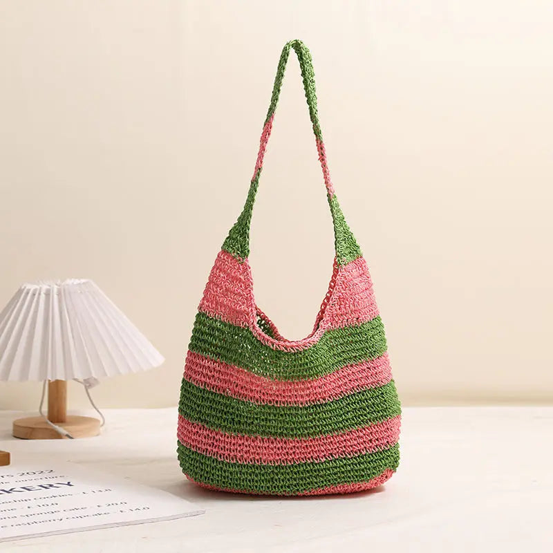 Large Capacity Striped Shoulder Straw Bag Hand Crocheted Woven Beach Bag Bella Mia
