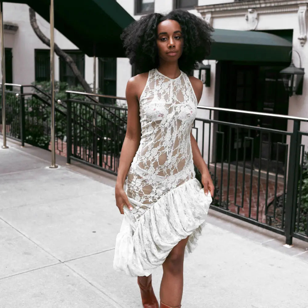 Sleeveless round Neck Dress Summer Sexy Lace See through Irregular Asymmetric Maxi Dress Women Bella Mia