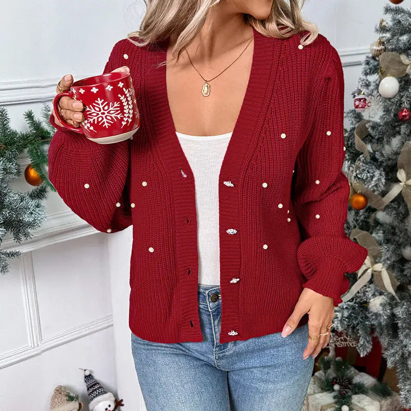 Autumn Sweet Knitted Cardigan V neck Pearl Decorative Red Christmas Sweater Coat Women Bella Mia