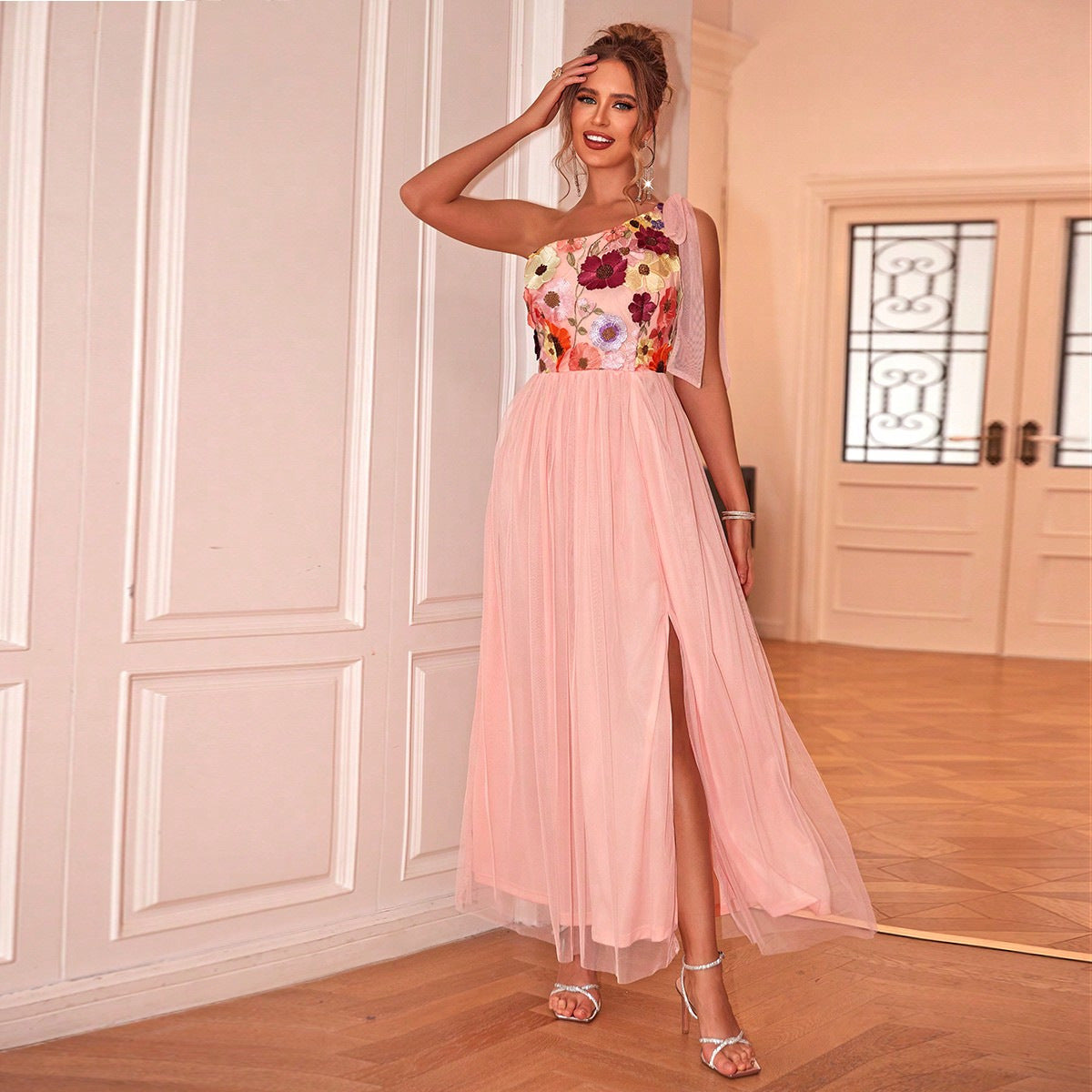 Summer Women Sexy Floral Embroidery One Shoulder Furcal Lower Hem Evening Dress Bella Mia