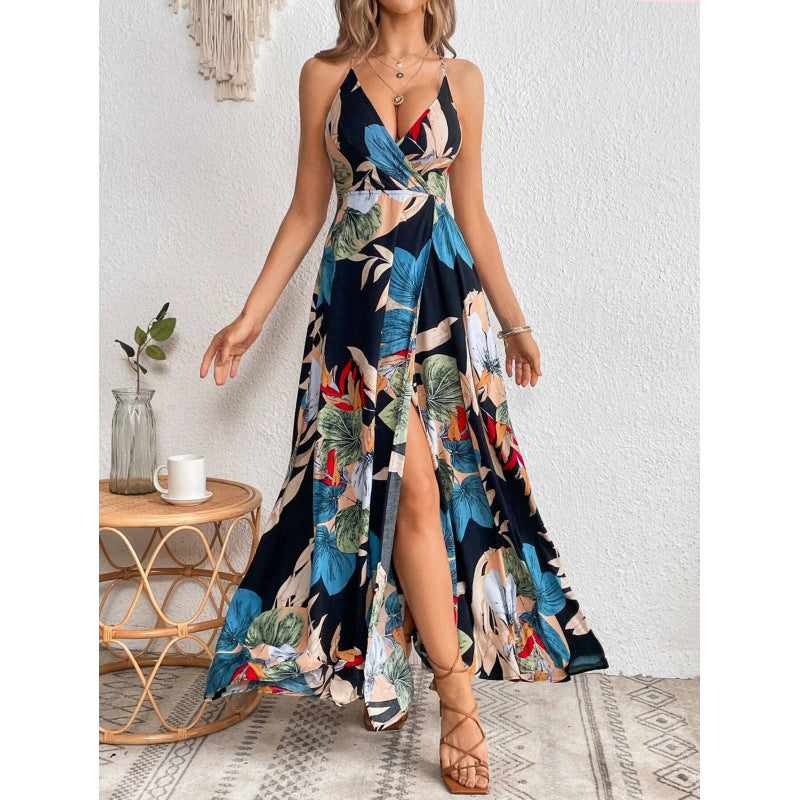 Real Shot Tropical Printing Thigh Fork Sling Dress Bella Mia