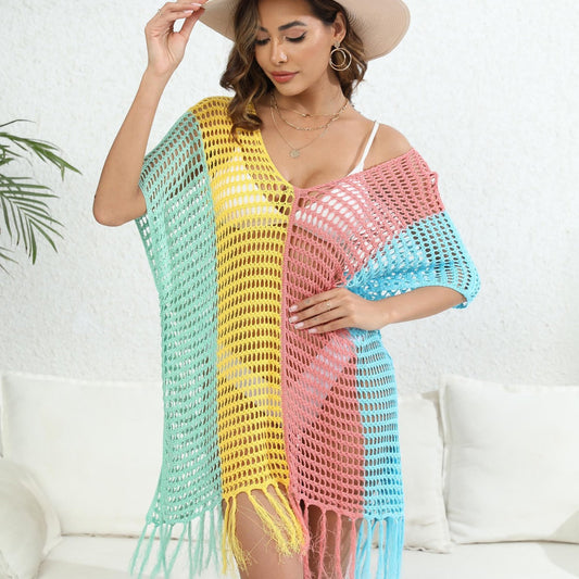 Women Beach Vacation Beach Cover Up Women Clothing Contrast Color Hollow Out Cutout Woven Shirt Sexy Dress Bella Mia