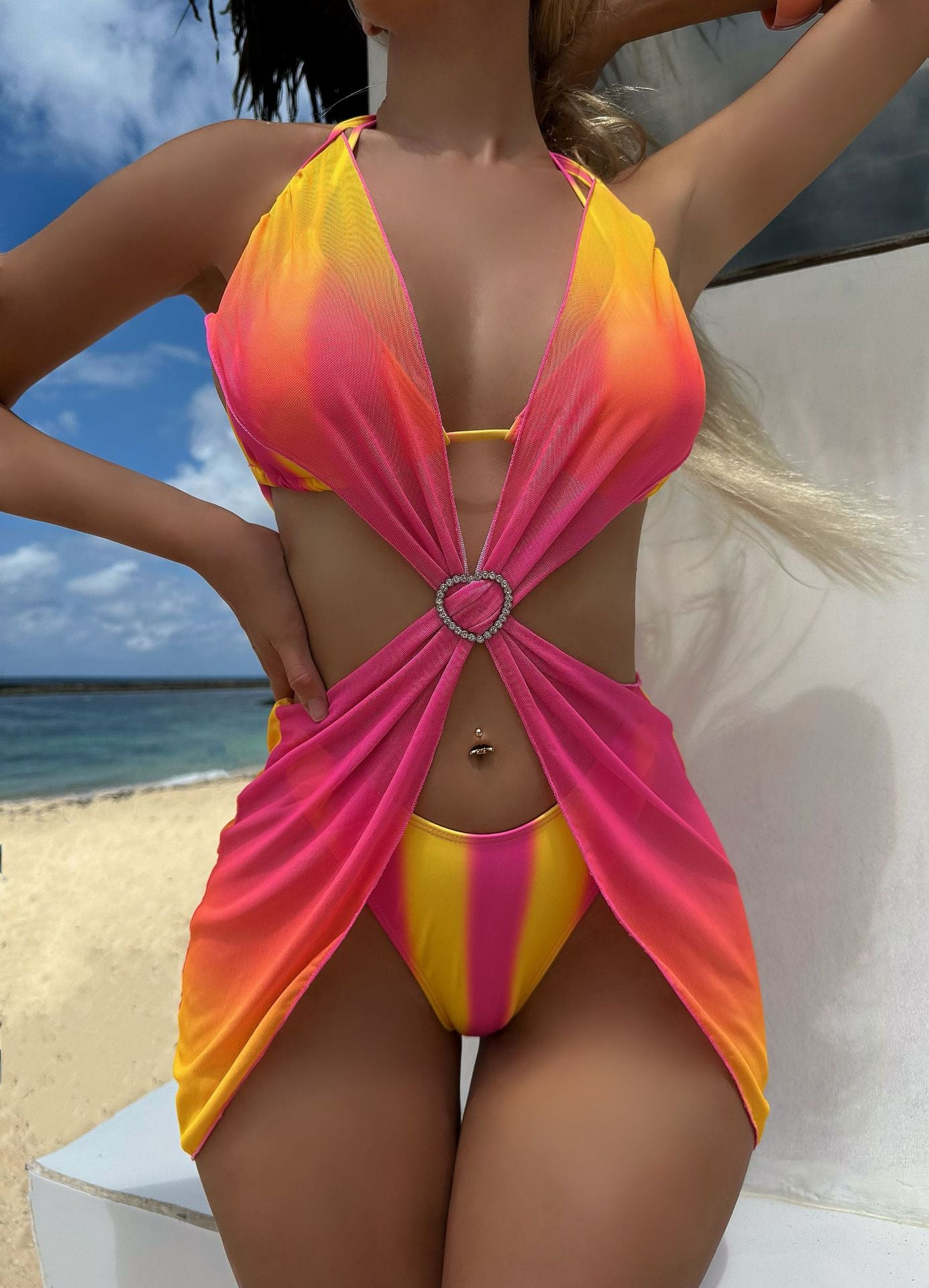 Striped Gradient Love Tulle Skirt Three Piece Sets Swimwear Swimsuit Bikini Bella Mia