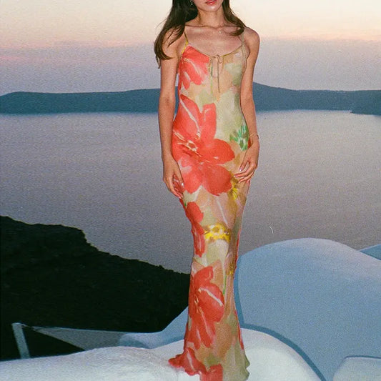 Sexy Suspenders Hollow Out Cutout Print Backless Dress Women Vacation Sexy Dress Bella Mia