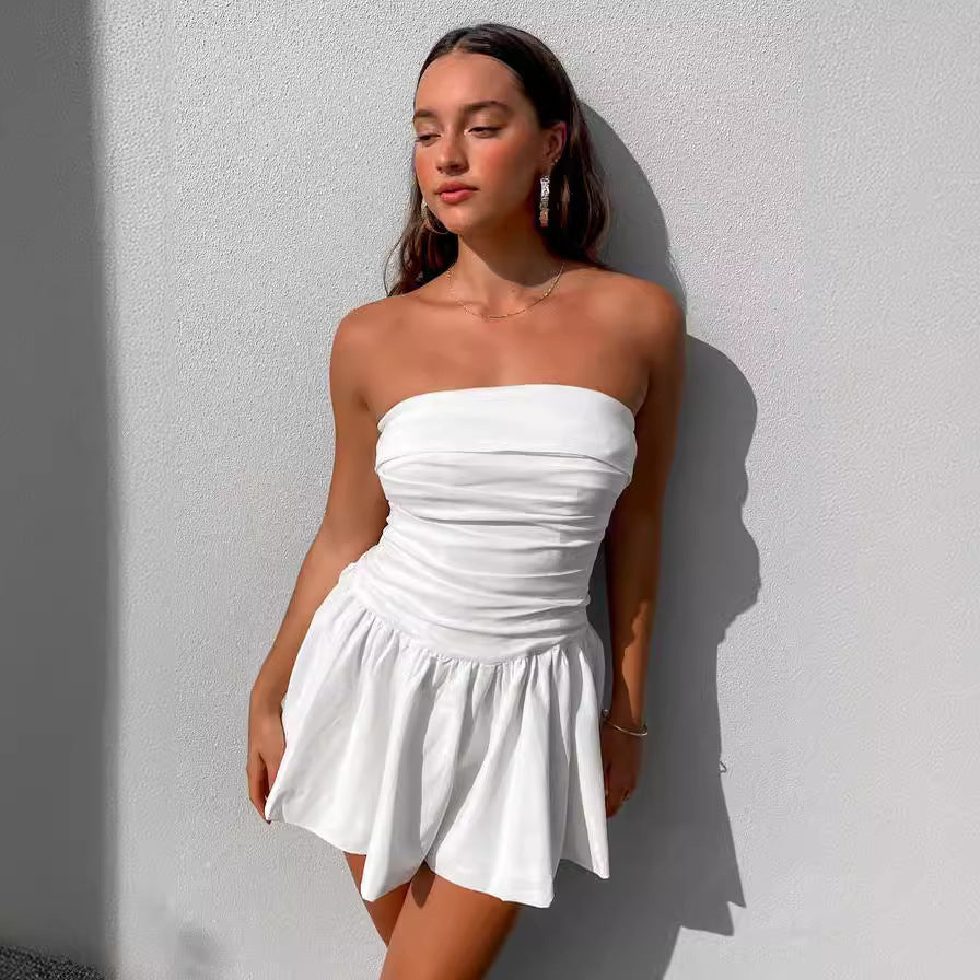 Spring Summer Women Clothing Tube Top Backless Pleated Solid Color Short Dress Bella Mia