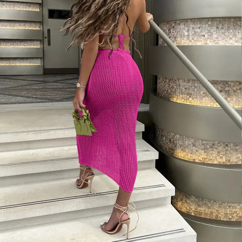 Boho Hollow Out Maxi Beach Cover Up Set With Back Strap Sun Protection Bella Mia